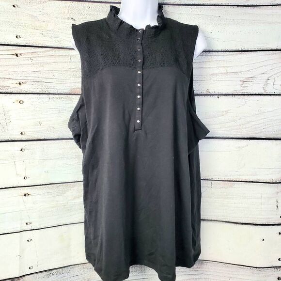 Maurices 3X Black Sleeveless Henley Tank Ruffle Neck Smocked Yoke NWT - Picture 1 of 7